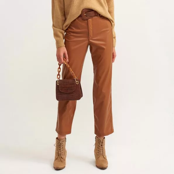 شلوار چرم زنانه شکلاتی برند اکسو - OXXO Kahverengi Straight-Fit Vegan Deri Pantolon