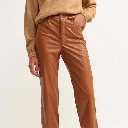 شلوار چرم زنانه شکلاتی برند اکسو - OXXO Kahverengi Straight-Fit Vegan Deri Pantolon