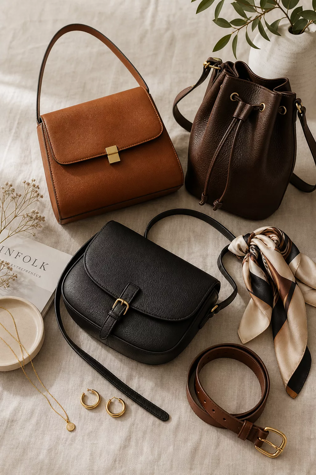 A beautifully arranged flat lay of premium women's leather handbags in classic silhouettes — a structured shoulder bag, a bucket bag, and a crossbody — displayed on a warm neutral linen surface. The bags are in rich tones of camel, deep brown, and black, showcasing natural full-grain leather texture with subtle patina and fine stitching details. Soft, diffused natural light illuminates the scene, highlighting the organic grain and suppleness of the leather. Alongside the bags, complementary accessories are tastefully placed: a slim leather belt, a delicate silk scarf tied around a bag handle, and minimalist gold jewelry. The overall aesthetic is editorial, elegant, and timeless — evoking a sense of refined, long-lasting style and craftsmanship. Warm, sophisticated color palette with soft shadows and a clean, minimal composition.