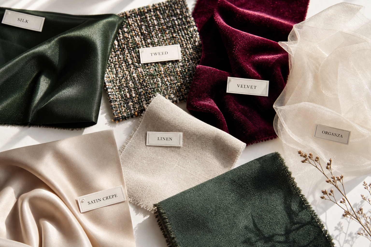 A flat lay arrangement of various luxurious fabric swatches spread elegantly on a clean white surface, showcasing rich textures and materials including shimmering silk, textured tweed, soft velvet in deep jewel tones like emerald and burgundy, lightweight sheer organza, crisp linen, and smooth satin crepe. The fabrics are arranged in an artful, editorial composition with some slightly overlapping, revealing their distinct weaves, sheens, and surface qualities. Natural daylight illuminates the scene from the side, highlighting the unique texture and drape of each material. The overall mood is sophisticated, educational, and fashion-forward, evoking the feeling of a high-end textile atelier or fashion editorial.