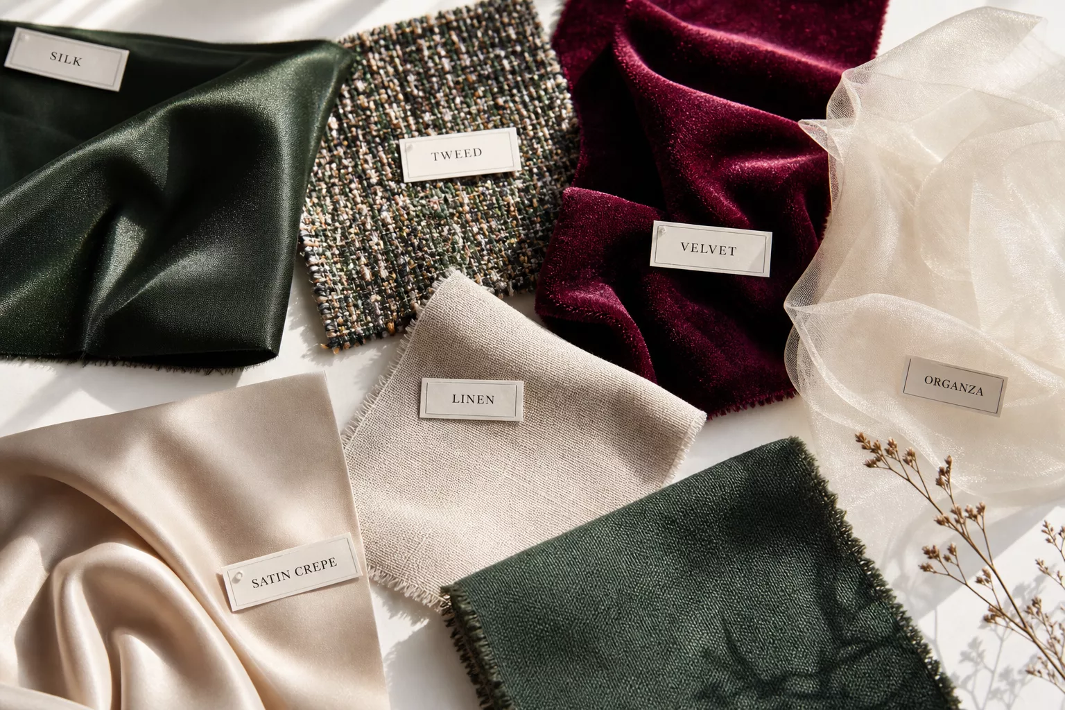 A flat lay arrangement of various luxurious fabric swatches spread elegantly on a clean white surface, showcasing rich textures and materials including shimmering silk, textured tweed, soft velvet in deep jewel tones like emerald and burgundy, lightweight sheer organza, crisp linen, and smooth satin crepe. The fabrics are arranged in an artful, editorial composition with some slightly overlapping, revealing their distinct weaves, sheens, and surface qualities. Natural daylight illuminates the scene from the side, highlighting the unique texture and drape of each material. The overall mood is sophisticated, educational, and fashion-forward, evoking the feeling of a high-end textile atelier or fashion editorial.