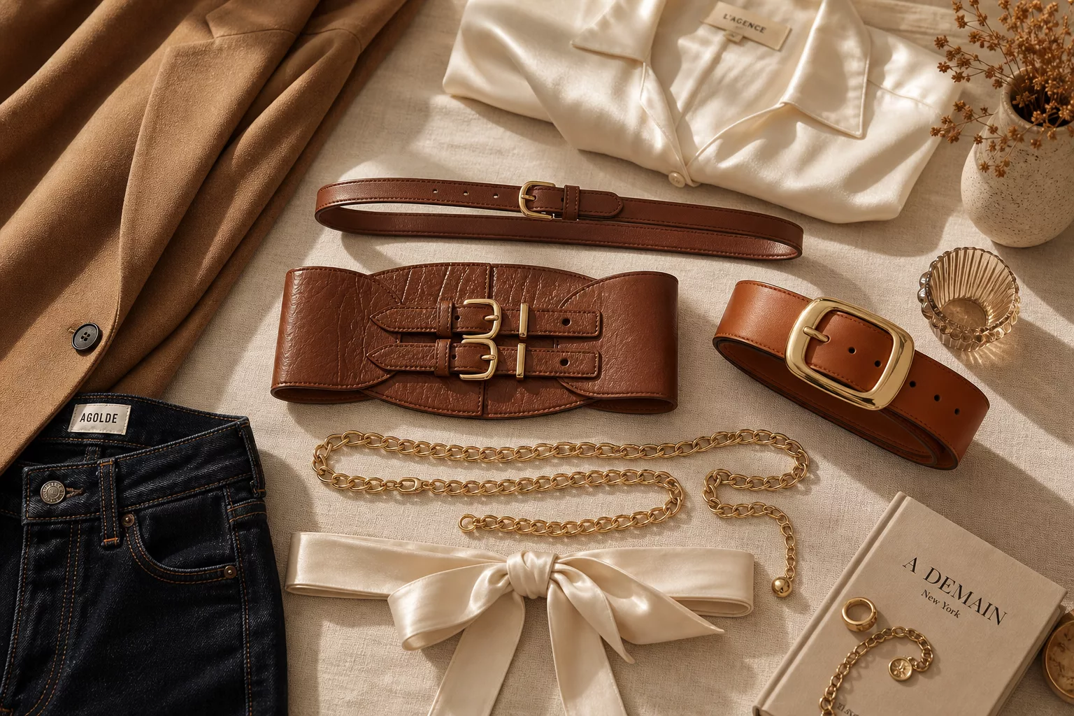A flat lay editorial photograph showcasing an elegant collection of women's belts arranged artfully on a neutral linen surface. The selection includes a classic slim brown leather belt with a simple gold buckle, a wide corset-style belt in warm tobacco tones, a bold statement buckle belt in cognac leather, a delicate gold chain belt loosely draped, and a soft satin tie belt in cream. Surrounding the belts are subtle styling props: a folded tailored blazer in camel, a silk blouse in ivory, and a pair of dark denim jeans. Warm natural daylight illuminates the scene, casting soft shadows. The overall aesthetic is sophisticated, warm-toned, and fashion-editorial, emphasizing texture contrasts between metal, leather, fabric, and chain. Styled in a clean, modern minimalist fashion photography style with a warm beige and brown color palette.