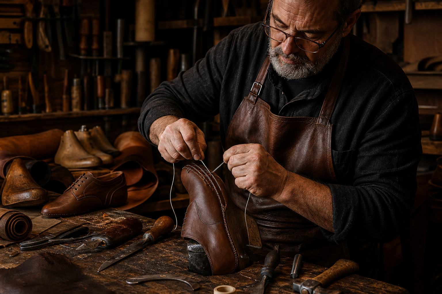 A master cordwainer working at a traditional leather workshop, hands illuminated by warm workshop lighting as they carefully hand-stitch a fine full-grain leather Oxford shoe using thick waxed linen thread and two needles simultaneously. The artisan's weathered hands show years of expertise. Surrounding the workspace are classic shoemaking tools — curved awls, lasting pliers, skiving knives, and wooden shoe lasts. Partially finished chocolate-brown and cognac leather uppers are draped nearby, alongside rolls of vegetable-tanned leather. The workshop has a rich, atmospheric quality with aged wooden workbenches, hanging tools, and the warm amber tones of quality leather. The overall mood is intimate, artisanal, and timeless, evoking centuries of traditional craftsmanship. Photorealistic editorial style with dramatic chiaroscuro lighting emphasizing texture and detail.