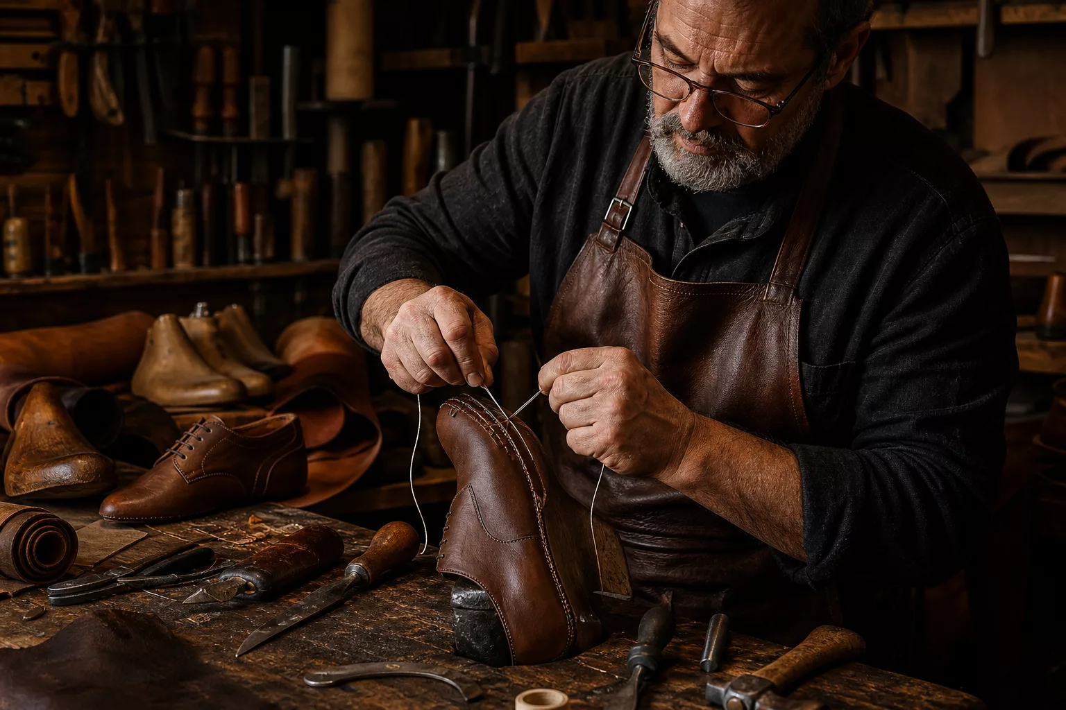 A master cordwainer working at a traditional leather workshop, hands illuminated by warm workshop lighting as they carefully hand-stitch a fine full-grain leather Oxford shoe using thick waxed linen thread and two needles simultaneously. The artisan's weathered hands show years of expertise. Surrounding the workspace are classic shoemaking tools — curved awls, lasting pliers, skiving knives, and wooden shoe lasts. Partially finished chocolate-brown and cognac leather uppers are draped nearby, alongside rolls of vegetable-tanned leather. The workshop has a rich, atmospheric quality with aged wooden workbenches, hanging tools, and the warm amber tones of quality leather. The overall mood is intimate, artisanal, and timeless, evoking centuries of traditional craftsmanship. Photorealistic editorial style with dramatic chiaroscuro lighting emphasizing texture and detail.