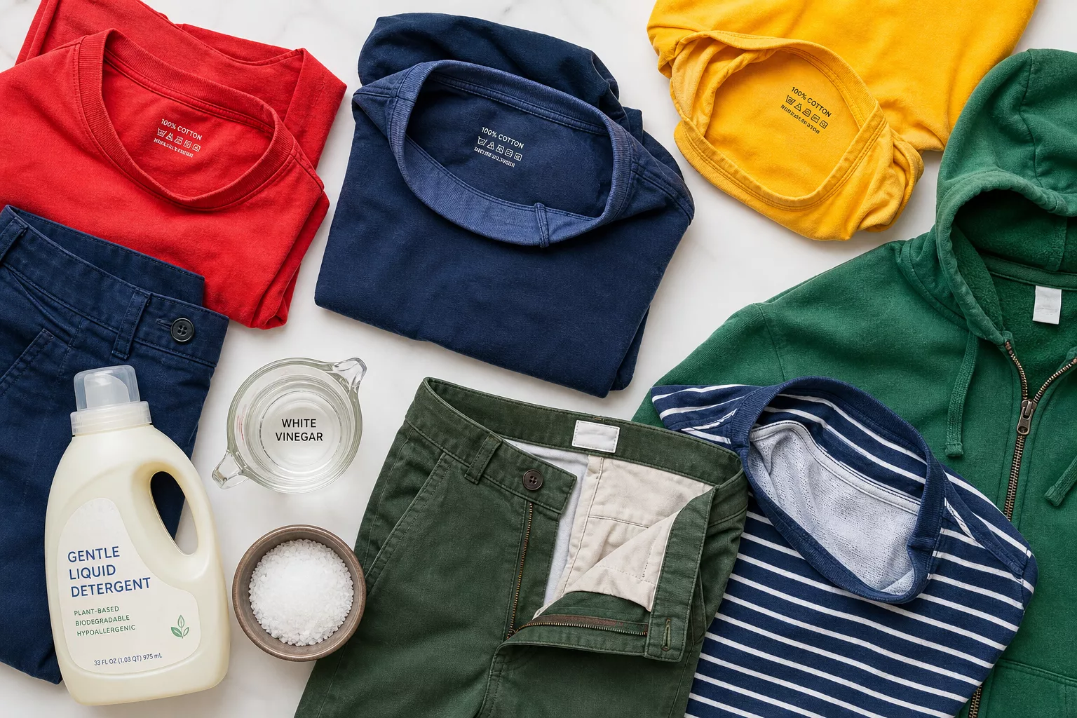 A realistic, well-lit flat lay photograph showing a neatly arranged collection of vibrant, colorful clothing items in rich reds, deep navy blues, bright yellows, and vivid greens spread on a clean white surface. Alongside the clothes, a small bottle of gentle liquid detergent, a cup of white vinegar, and a bowl of coarse salt are artfully placed. Some garments are shown inside-out, hinting at careful laundry technique. Soft, natural diffused light illuminates the scene, emphasizing the vivid, unfaded colors of the fabrics. The overall mood is clean, organized, and informative, with a lifestyle editorial aesthetic.