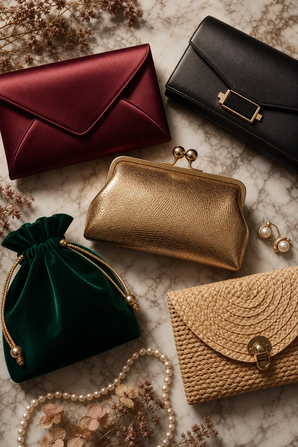 A sophisticated flat lay arrangement on a luxurious marble surface featuring an elegant collection of women's clutch bags in various styles — an envelope clutch in deep burgundy satin, a structured black leather clutch, a gold metallic frame clutch with a kisslock closure, a soft velvet drawstring pouch in emerald green, and a woven straw clutch — artfully arranged with delicate accessories like pearl jewelry and dried flowers, photographed in warm editorial lighting with soft shadows, high-end fashion magazine aesthetic, muted warm tones with pops of jewel colors, overhead flat lay perspective, ultra-detailed and luxurious atmosphere.