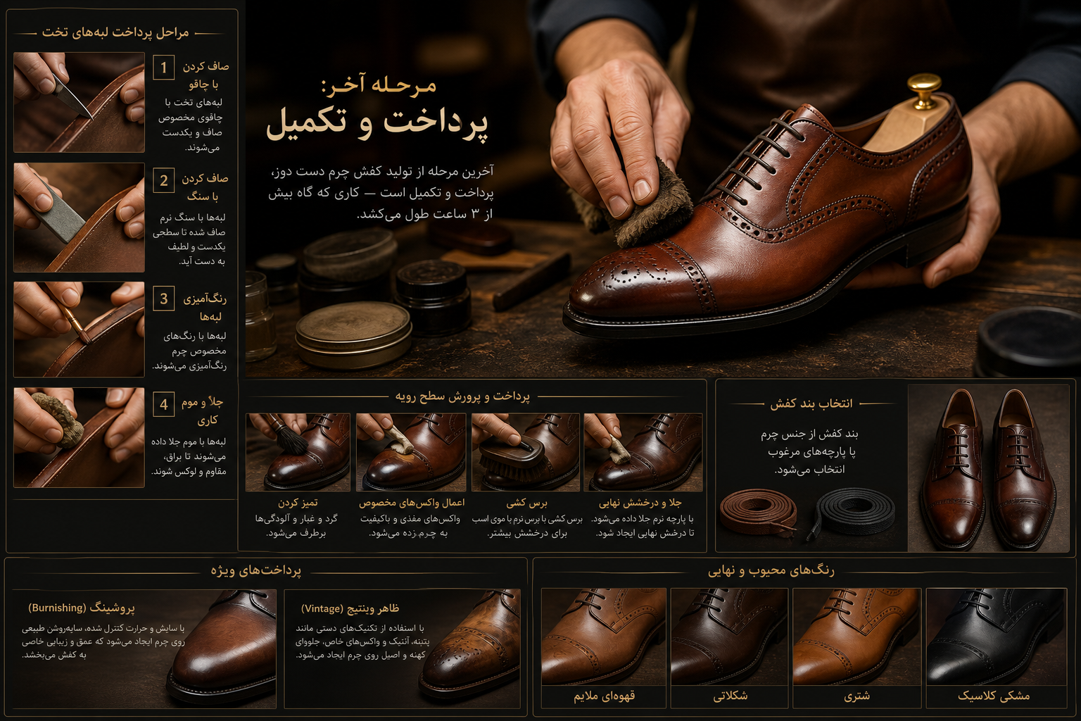 اینفوگرافیک مراحل پرداخت و تکمیل کفش چرم دستدوز شامل صافکاری لبهها،