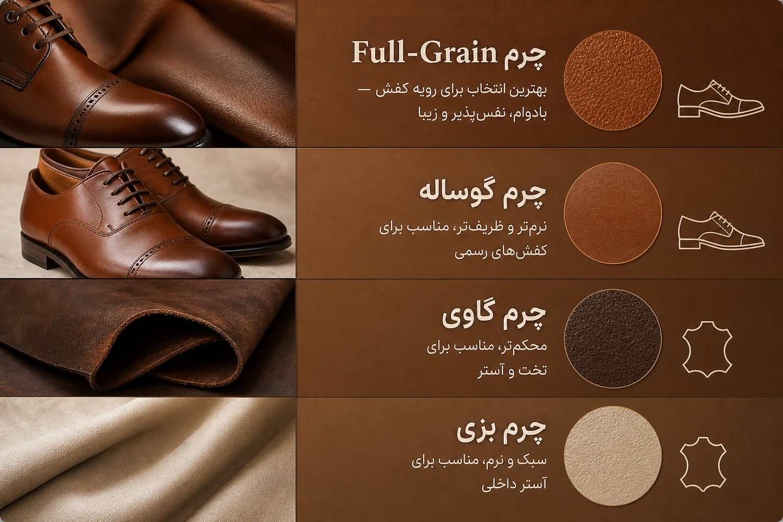 اینفوگرافیک مقایسه چهار نوع چرم کفش: Full-Grain (بادوام و نفسپذیر)، گوساله