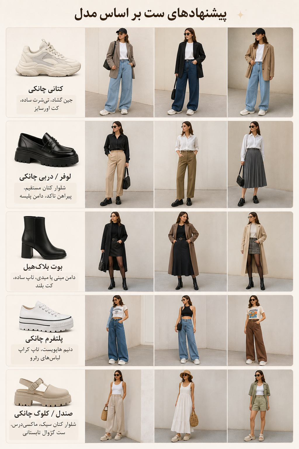 پیشنهادهای ست بر اساس مدل کتانی چانکی: جین گشاد، تی‌شرت ساده، کت