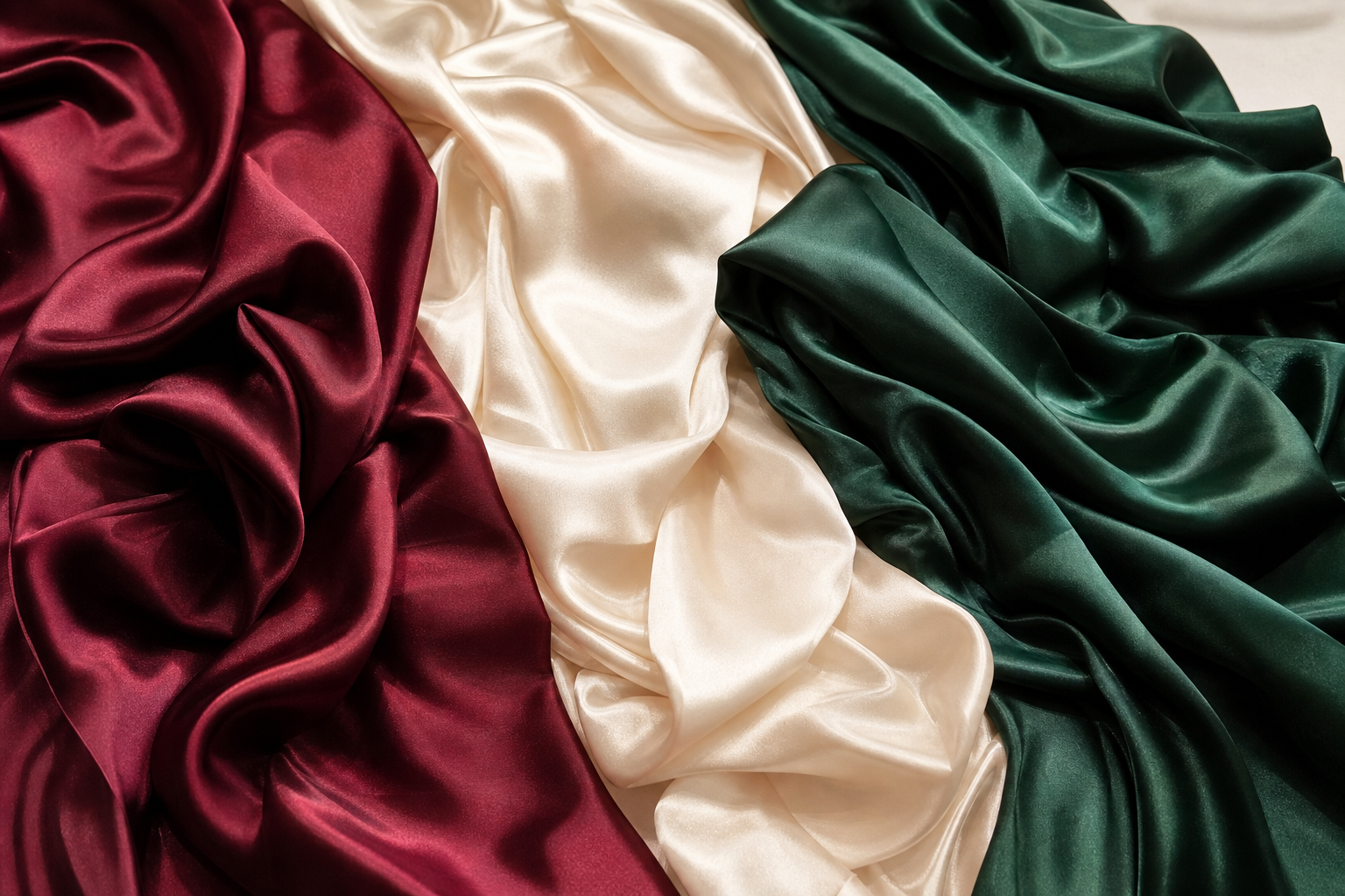 a beautiful close-up flat-lay of flowing silk fabric in multiple rich colors —