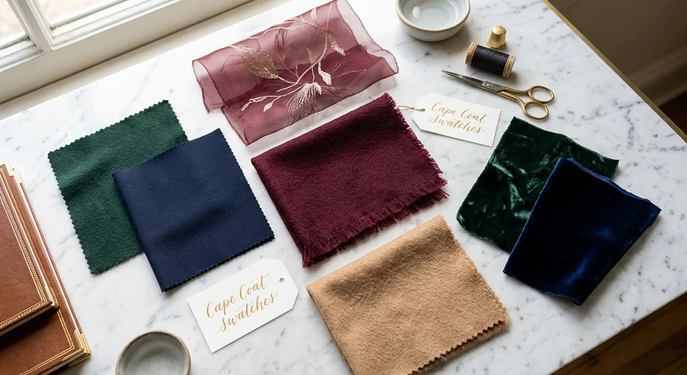 a beautiful close-up flat-lay of various luxurious cape coat fabric swatches —