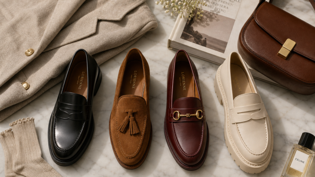 A beautifully arranged flat lay of elegant women's loafer shoes in various styles — classic penny loafer in polished black leather, a suede tassel loafer in warm camel brown, a horsebit loafer with gold metal detail in deep burgundy, and a platform loafer in cream — displayed on a clean marble surface with soft natural light, alongside subtle styling accessories like a folded linen blazer, delicate ankle socks, and a small leather bag, evoking a sophisticated, editorial fashion aesthetic with a warm, timeless European atmosphere