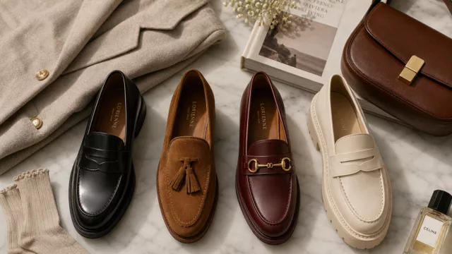 A beautifully arranged flat lay of elegant women's loafer shoes in various styles — classic penny loafer in polished black leather, a suede tassel loafer in warm camel brown, a horsebit loafer with gold metal detail in deep burgundy, and a platform loafer in cream — displayed on a clean marble surface with soft natural light, alongside subtle styling accessories like a folded linen blazer, delicate ankle socks, and a small leather bag, evoking a sophisticated, editorial fashion aesthetic with a warm, timeless European atmosphere