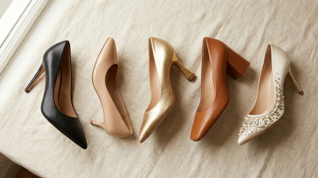 A beautifully arranged flat lay of elegant women's pump heels in various styles displayed on a soft neutral background — including a classic black pointed-toe stiletto, a nude kitten heel, a metallic gold satin pump, a square-toe block heel in caramel brown, and an embellished pump with pearl details. The shoes are artfully positioned to showcase their distinct heel shapes and toe designs. Soft, natural studio lighting with gentle shadows highlights the texture of genuine leather and satin materials. The overall mood is sophisticated, editorial, and timeless, evoking high-end fashion photography with a warm, refined color palette of black, nude, gold, and cream tones.