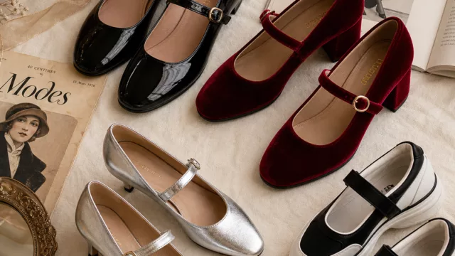 A beautifully arranged flat lay of various Mary Jane shoes in different styles — classic black patent leather with a single strap and round toe, a deep red velvet pair with a block heel, a silver metallic kitten heel version, and a modern sneaker-style Mary Jane — displayed on a soft cream textured surface with delicate dried flowers, sheer ribbon, and subtle vintage fashion magazine pages as props. The lighting is soft and editorial, with warm natural tones emphasizing the feminine elegance and timeless sophistication of the shoes. The overall mood is chic, nostalgic yet modern, evoking early 20th century fashion heritage blended with contemporary style.