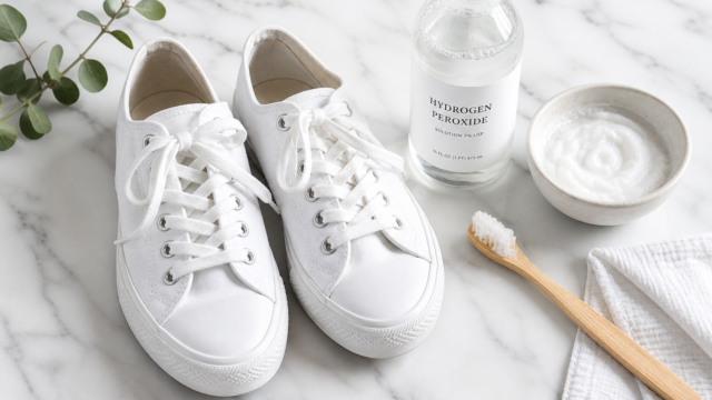 A clean, bright flat lay scene on a white marble surface showing a pair of pristine white canvas sneakers surrounded by natural cleaning ingredients: a small bowl of baking soda paste, a bottle of hydrogen peroxide, a soft-bristled toothbrush with white foam, and a folded white cloth. Soft natural light from the side, editorial lifestyle photography style, minimalist aesthetic, high contrast white tones, subtle shadows, photorealistic quality.