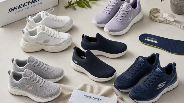 A clean, modern flat-lay product photography scene featuring multiple pairs of stylish Skechers-style athletic and casual shoes arranged artfully on a light neutral background. The shoes include chunky-soled sneakers, memory foam slip-ons, and performance running shoes in various colors — white, gray, navy, and soft pastels. Subtle props like a measuring tape, orthopedic insole, and a sprig of greenery add lifestyle context. The overall mood is fresh, contemporary, and aspirational, blending comfort technology with everyday fashion. Soft studio lighting with gentle shadows, editorial style, high-end commercial photography aesthetic.