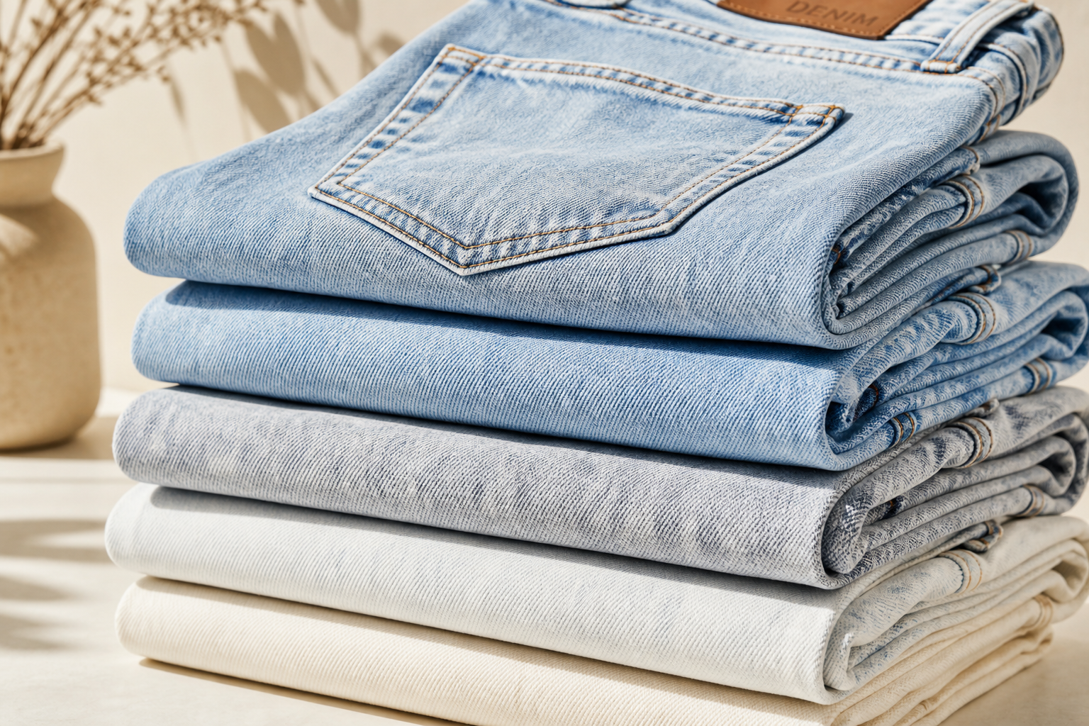 a close-up editorial shot of several pairs of ice-washed denim jeans neatly