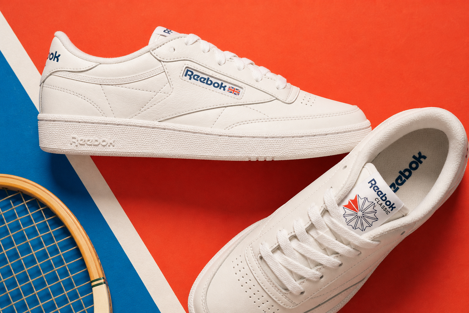 a close-up flat-lay of iconic retro white sneakers on a clean colorful