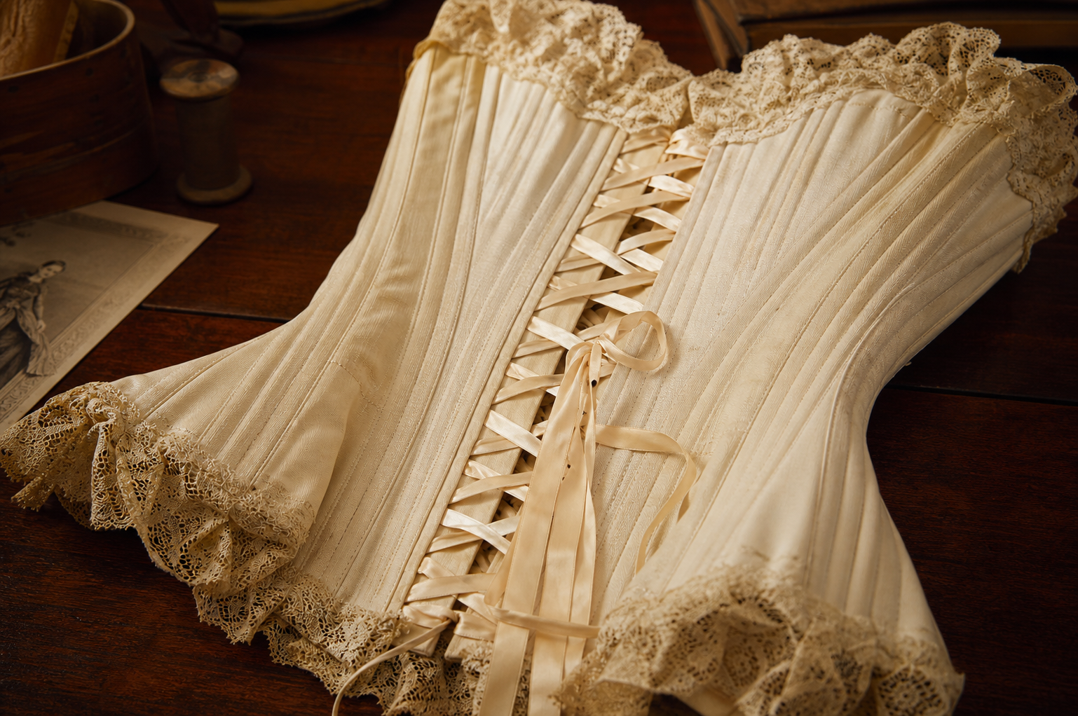 a close-up of Victorian-era corset construction details — intricate boning,