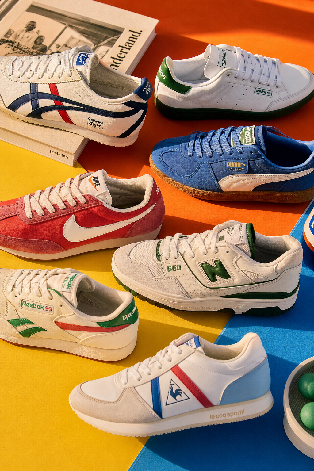 a collection of retro athletic sneakers artfully arranged on a vibrant colorful
