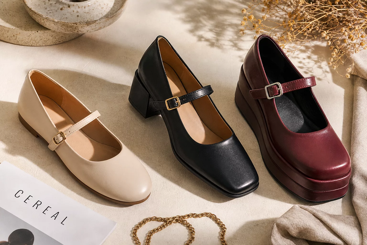 a detailed flat-lay of three different Mary Jane shoe styles — flat round-toe,