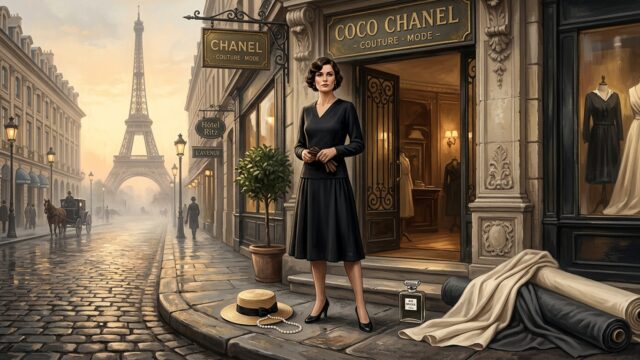 A dramatic and elegant editorial-style illustration depicting a confident early 20th-century Parisian woman standing at the entrance of a grand Parisian boutique on a cobblestone street, wearing a simple, beautifully tailored black dress with clean lines and no excessive ornamentation. Her posture is strong and independent, with short dark hair and a composed, determined expression. Behind her, the Eiffel Tower is visible in the soft morning mist. Scattered around the scene are symbolic elements: a simple straw hat, a strand of pearls, a classic perfume bottle, and bolts of jersey fabric. The color palette is predominantly black, cream, and soft gold, evoking timeless Parisian elegance. The mood is empowering and historic, blending the atmosphere of 1920s France with the spirit of a woman who broke all conventions. Cinematic lighting with warm, golden-hour tones, painterly yet realistic artistic style.