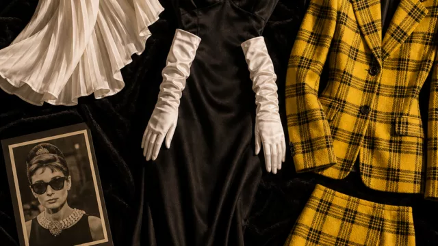A dramatic, cinematic flat-lay and editorial-style collage composition showcasing iconic fashion silhouettes inspired by classic Hollywood cinema. In the center, an elegant long black satin gown with long white gloves and oversized sunglasses arranged on a dark velvet surface. Surrounding it: a flowing white pleated skirt caught mid-swirl as if lifted by wind, a bold yellow plaid blazer and matching miniskirt set from the 1990s, and a sleek black helmet with geometric angular design. Soft dramatic studio lighting with golden highlights, deep shadows, and a rich cinematic color palette of black, white, yellow, and ivory. The overall mood is glamorous, nostalgic, and timeless — evoking the golden age of Hollywood and 1990s pop culture fashion simultaneously. High-end editorial photography style, ultra-detailed fabric textures, shallow depth of field.