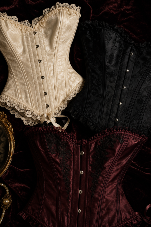 a dramatic close-up flat-lay of three vintage corsets in ivory, black and deep burgundy satin, displayed on a dark velvet surface with soft warm lighting, editorial fashion photography
