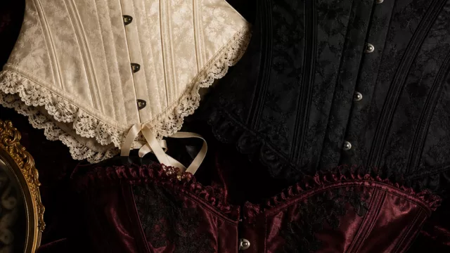 a dramatic close-up flat-lay of three vintage corsets in ivory, black and deep burgundy satin, displayed on a dark velvet surface with soft warm lighting, editorial fashion photography