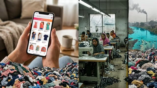 A dramatic split-scene editorial photograph depicting the hidden cost of fast fashion: on one side, a brightly lit online shopping interface glowing on a smartphone screen with colorful cheap garments displayed, held by manicured hands in a comfortable modern setting; on the other side, a dimly lit textile factory in a developing country where workers, mostly women, sit hunched over sewing machines in cramped conditions under harsh fluorescent lighting, surrounded by piles of fabric. In the background, a polluted river runs vivid toxic blue-green beside a factory chimney emitting smoke. In the foreground, a massive overflowing landfill of discarded clothing stretches toward the horizon under a hazy sky. The overall color palette contrasts the artificial warmth and saturation of consumer culture against the muted, gray-green tones of industrial pollution and labor. Photorealistic, high-contrast documentary-style photography, cinematic composition, editorial magazine quality.