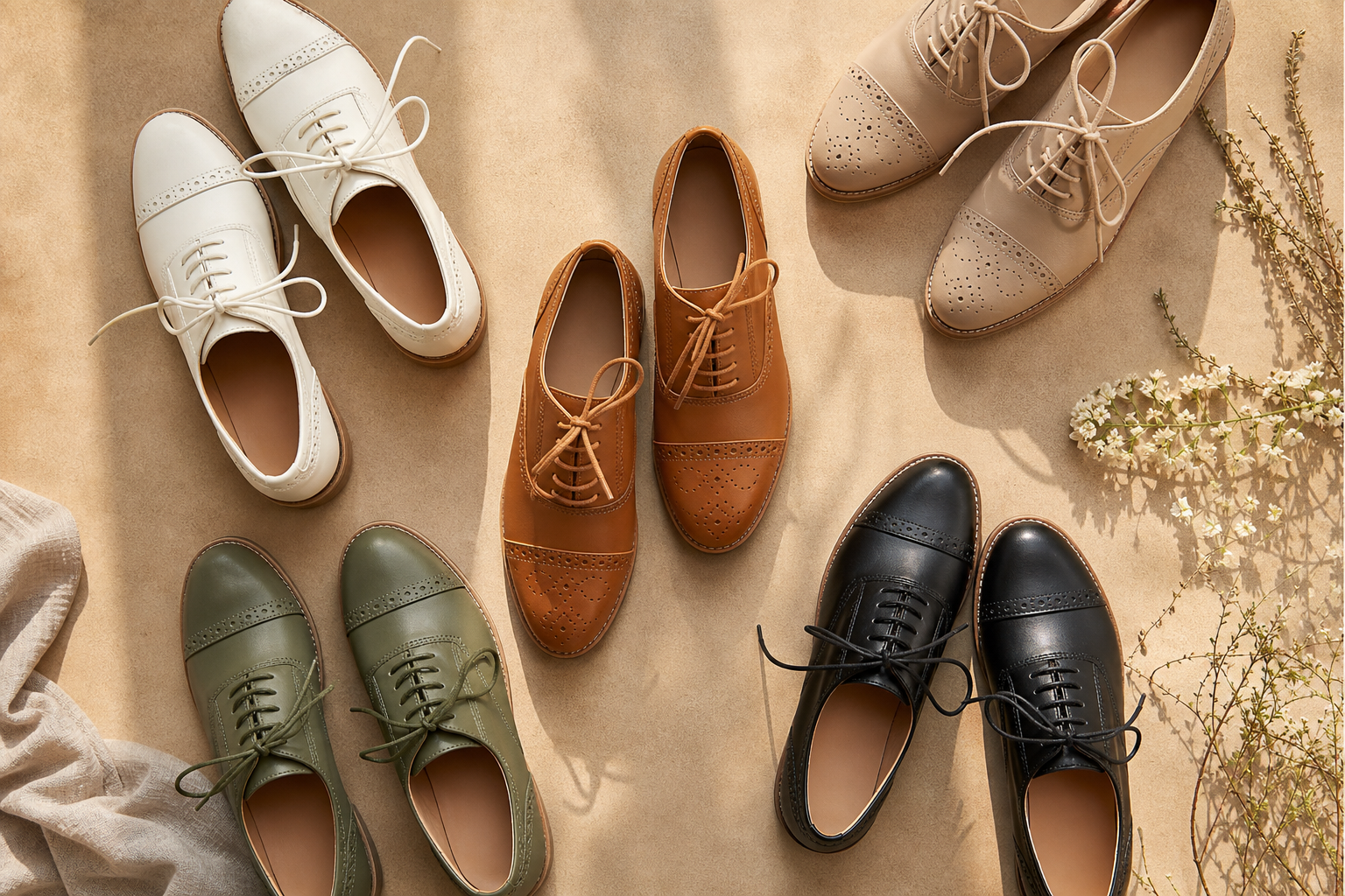 a flat-lay arrangement of women's oxford shoes in various trending colors