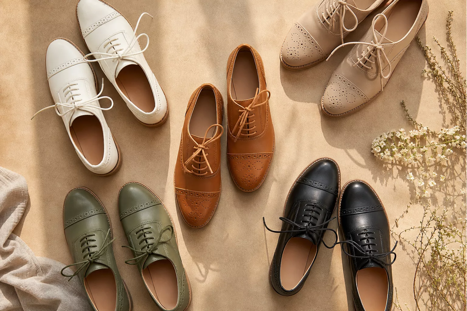 a flat-lay arrangement of women's oxford shoes in various trending colors