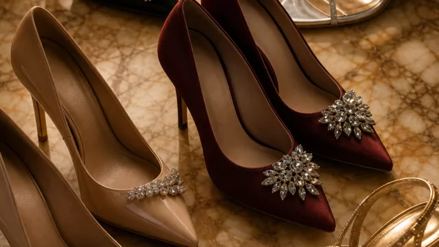 A stunning editorial flat-lay of several elegant women's formal heeled shoes arranged artfully on a warm-toned marble surface, including pointed-toe pumps in nude and black, strappy metallic gold and silver heels, and a pair of deep burgundy satin pumps, with rhinestone-embellished details catching soft warm side lighting, rich saturated colors, luxurious textures, realistic high-end product photography style, shallow depth of field, no text or labels.