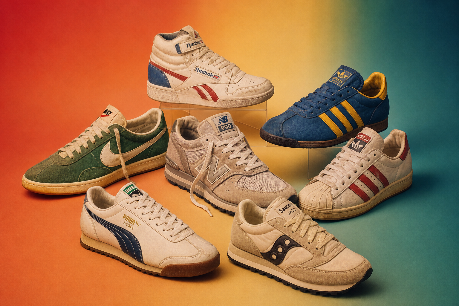 a stylish arrangement of vintage athletic sneakers from different eras