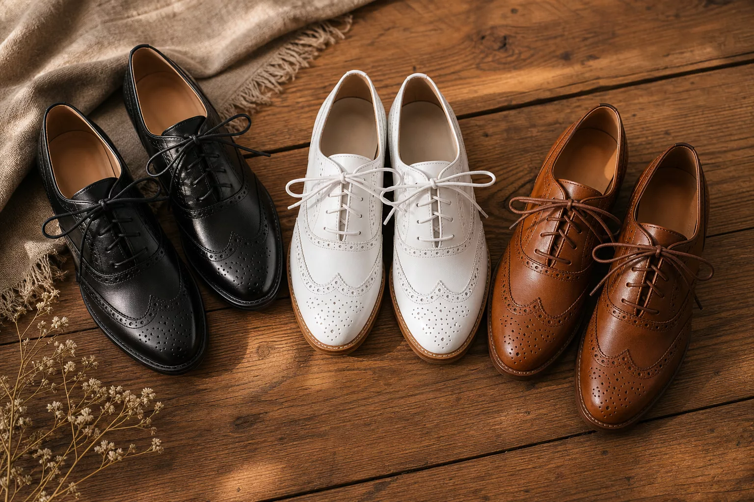 a stylish close-up flat-lay of three pairs of women's oxford shoes in black,