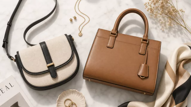 A stylish flat lay arrangement on a clean marble surface featuring two elegant handbags side by side — a structured leather handbag with short handles on the right and a crossbody shoulder bag with an adjustable strap on the left. The bags are in neutral tones of caramel, black, and cream. Surrounding them are tasteful feminine accessories: a delicate gold chain, a pair of simple stud earrings, a folded silk scarf, and a small sprig of dried flowers. Soft, diffused natural daylight illuminates the scene from above, casting gentle shadows. The composition is balanced and editorial, evoking a modern urban woman's thoughtful style choices. Shot in a clean, minimalist aesthetic with warm neutral tones, high-end fashion photography style.