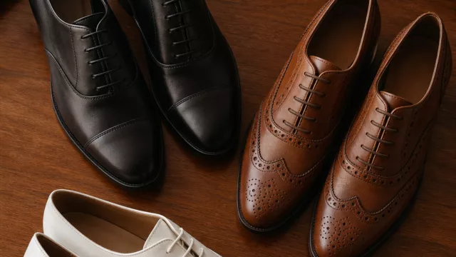 A stylish flat-lay editorial photograph featuring three pairs of women's oxford shoes in classic black, warm brown, and crisp white leather, arranged elegantly on a smooth warm-toned wooden surface. Soft, diffused natural light illuminates the rich textures of the leather uppers, highlighting the signature closed lacing system of each shoe. The composition is clean and sophisticated, with subtle shadows adding depth. One pair features decorative brogue perforations, another has a slight block heel, and the third is a minimalist classic silhouette. The overall mood is timeless, luxurious, and editorial, evoking high-end fashion photography with a warm, inviting color palette.