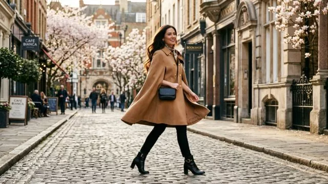 A stylish woman in her early 30s with long flowing dark hair wearing an elegant structured camel-colored cape coat over slim black trousers and ankle boots, walking confidently down a sunlit European-style cobblestone street in early spring. The cape flows gracefully with her movement, catching warm golden afternoon light. The background features soft-focus architectural details and blooming trees. Shot in a candid, editorial fashion photography style with rich, cinematic color grading — emphasizing the timeless, classic elegance of the cape silhouette against a vibrant, modern urban setting.