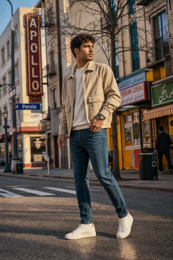 A stylish young Iranian man in his late 20s with dark hair, wearing clean classic white leather sneakers paired with casual slim jeans and a minimal light-colored outfit, standing confidently on a vibrant urban street with colorful storefronts in the background. Warm natural golden-hour light, candid and confident expression, realistic editorial photography style. The scene evokes the intersection of athletic heritage and everyday street style, blending retro sportswear culture with modern urban fashion.