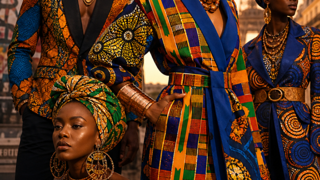 A vibrant, editorial-style fashion photograph showcasing the richness of African fashion, featuring bold Ankara and Kente fabric garments draped on confident figures in dynamic poses. The scene blends the energy of Lagos street style with the elegance of a Paris runway — rich geometric patterns in deep oranges, cobalt blues, emerald greens, and golden yellows dominate the composition. Traditional hand-woven Kente strips in royal colors are incorporated alongside modern tailored blazers and flowing silhouettes made from colorful wax-print fabric. Large wooden and beaded accessories — oversized earrings, copper bracelets, and layered necklaces — add texture and depth. The background subtly suggests a cosmopolitan African city at golden hour, with warm light illuminating the intricate textile details. The overall mood is powerful, celebratory, and culturally rich — conveying the sense of a global fashion revolution rooted in centuries of African heritage and identity.