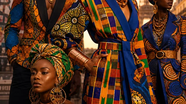A vibrant, editorial-style fashion photograph showcasing the richness of African fashion, featuring bold Ankara and Kente fabric garments draped on confident figures in dynamic poses. The scene blends the energy of Lagos street style with the elegance of a Paris runway — rich geometric patterns in deep oranges, cobalt blues, emerald greens, and golden yellows dominate the composition. Traditional hand-woven Kente strips in royal colors are incorporated alongside modern tailored blazers and flowing silhouettes made from colorful wax-print fabric. Large wooden and beaded accessories — oversized earrings, copper bracelets, and layered necklaces — add texture and depth. The background subtly suggests a cosmopolitan African city at golden hour, with warm light illuminating the intricate textile details. The overall mood is powerful, celebratory, and culturally rich — conveying the sense of a global fashion revolution rooted in centuries of African heritage and identity.