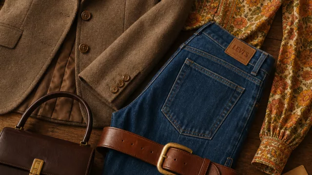A warm, editorial-style flat lay photograph showcasing a curated collection of authentic vintage fashion pieces arranged on a rustic wooden surface. Include a structured 1970s earth-toned blazer with wide lapels, a colorful floral-print blouse with bohemian details, a pair of high-waisted flared denim trousers, and classic accessories such as chunky gold jewelry, a structured leather handbag in chocolate brown, and a wide leather belt. Scattered among the clothing are small nostalgic details like brass zippers, bone buttons, and aged fabric labels. The color palette blends warm browns, burnt oranges, dusty mustard yellows, and muted olive greens. Soft natural side lighting creates gentle shadows that emphasize the rich textures of natural wool, silk, and heavyweight denim fabrics. The overall mood is nostalgic yet sophisticated, evoking decades of fashion history — 1960s through 1980s — with a sense of timeless quality and authenticity. Photographic style resembling a high-end fashion editorial with a slightly warm film grain aesthetic.