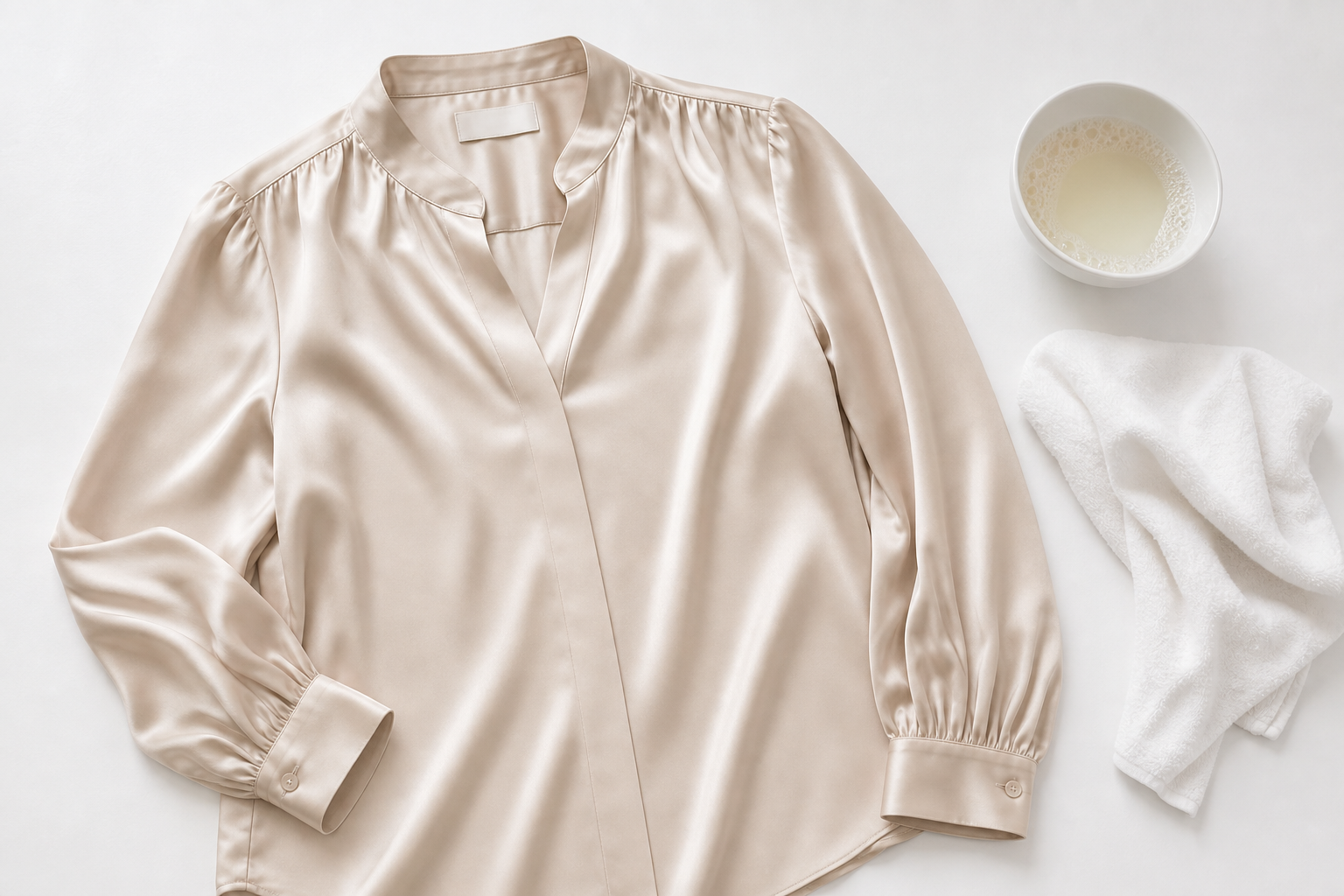 an elegant silk blouse laid flat on a clean white surface, with a small white