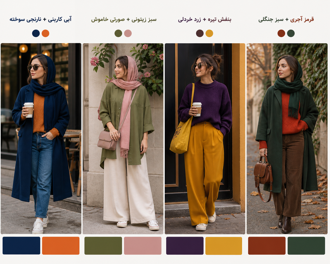 چند ترکیب مکمل محبوب در پوشش روزمره: آبی کاربنی + نارنجی سوخته سبز زیتونی +