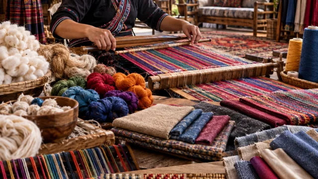زنی در کارگاه سنتی با دستگاه بافندگی، پارچهای رنگارنگ میبافد؛ نخها و منسوجات گوناگون اطراف اوست
