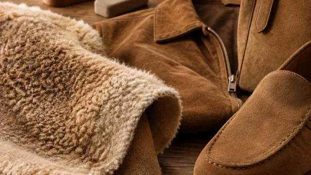 کیف دستی، کت و کفشهای چرمی قهوهای کنار شال پشمی و ابزار مراقبت از چرم روی میز چوبی